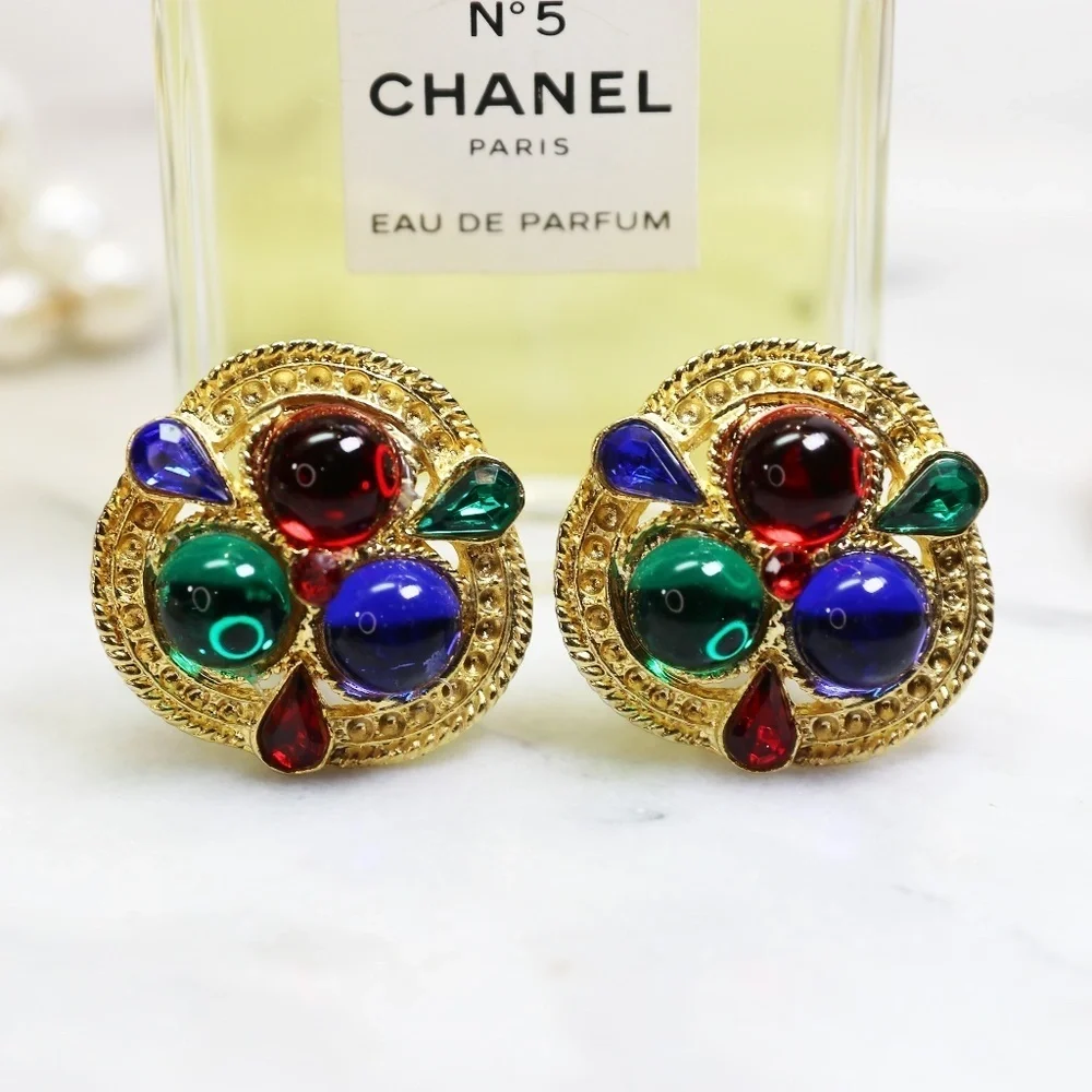 Earrings ~ Gold w/ Colorful Round Cabochons & Teardrop Crystals Clip-on Vintage
